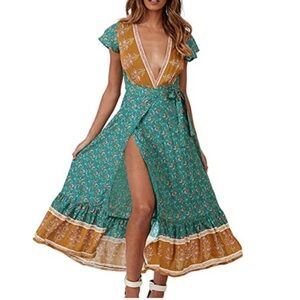 Zesica Blue Teal Boho Floral Wrap Maxi Dress